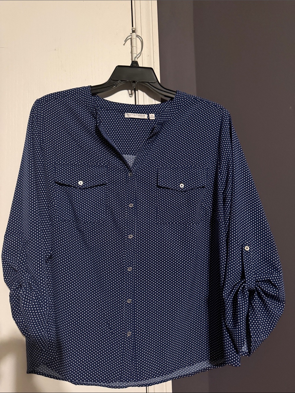 Notations Navy Blue Polka Dot Button-Front Blouse